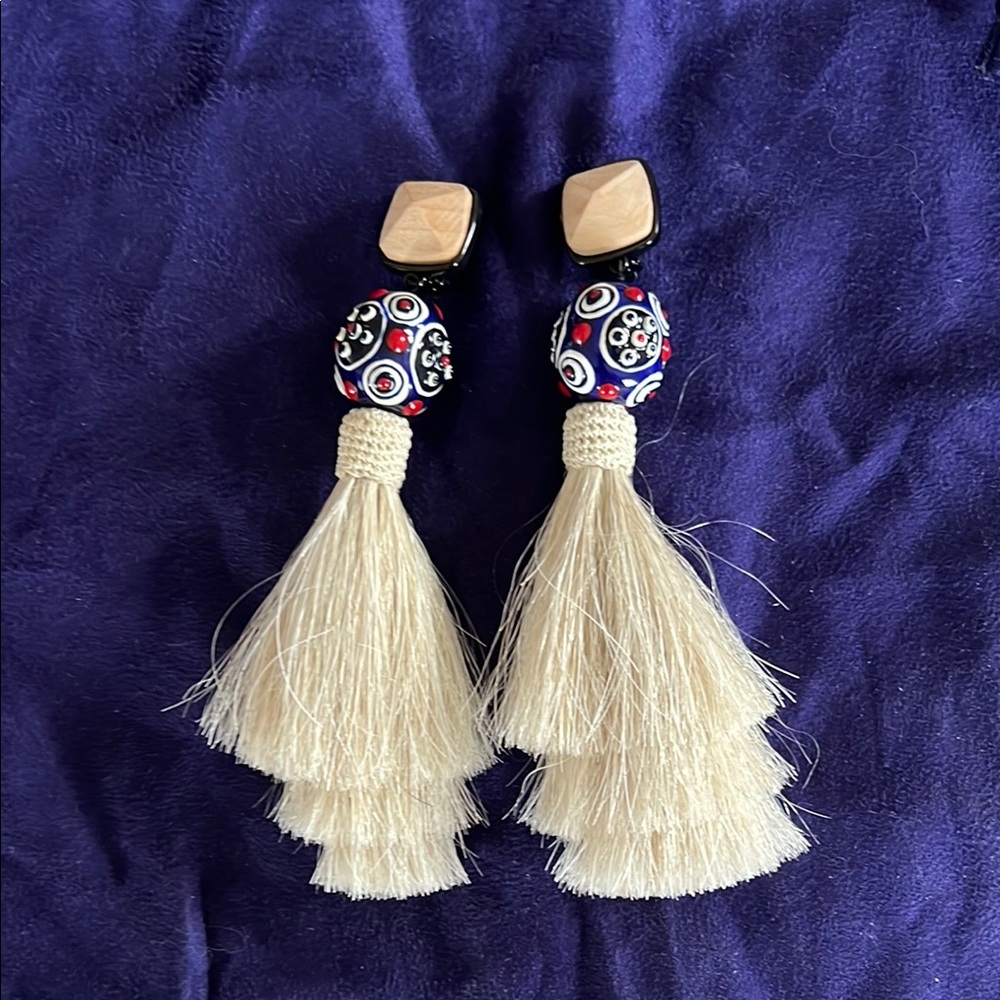 Tory Burch Cream Tassel Drop Earrings with Navy & Red Bead Accents